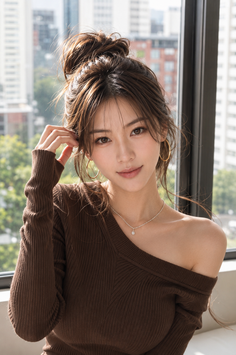 Woman with a messy bun and an off-shoulder brown top indoors with a cityscape background