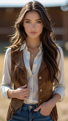 Woman with long brown hair wearing a cowboy vest and white shirt outdoors