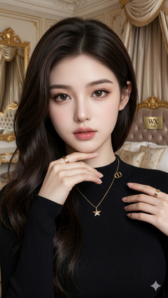 Woman with long dark hair wearing a black top and gold jewelry indoors