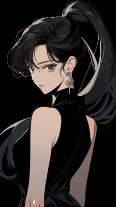 Anime style woman with a high ponytail wearing a black dress and earrings