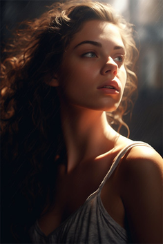 Woman with long curly hair in a tank top, dramatically lit from behind