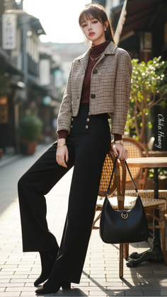 Woman in a plaid jacket and wide-leg pants on a sunlit street