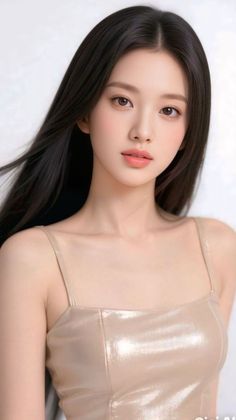 Woman with long black hair wearing a shiny spaghetti strap top