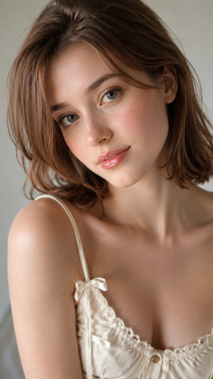 Woman with short brown hair wearing a light-colored top with bows