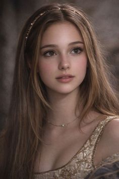 Young woman with long hair and a headband wearing an embroidered dress