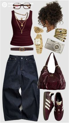 Fashion flat lay with a maroon tank top, wide leg jeans, and gold accessories