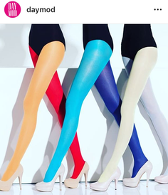 Multiple people wearing colorful tights and high heels in a studio setting