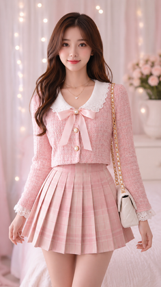 Woman in a pink tweed jacket and pleated skirt with a white collar and bow
