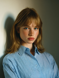 Woman with blue eyes and freckles wearing a striped shirt, lit by soft indoor light