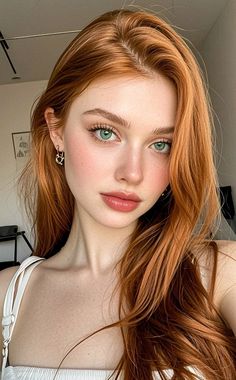 Close-up portrait of a woman with long red hair and green eyes