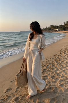 Woman in linen outfit walking on a beach at golden hour