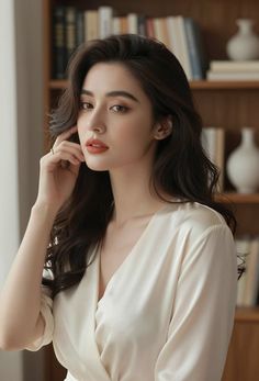 Woman with long wavy hair in a cream v-neck dress indoors