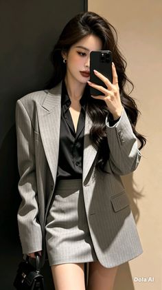Woman in a pinstripe suit and black shirt taking a mirror selfie
