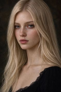 Woman with long blonde hair and blue eyes wearing a black top with lace trim
