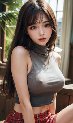 Woman with long hair wearing a crop top and plaid skirt in a provocative pose