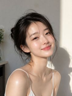 Woman in a white tank top with a messy bun, smiling in soft indoor lighting