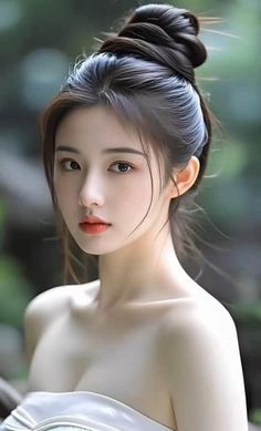 Woman with an updo hairstyle and exposed shoulders looking at the camera