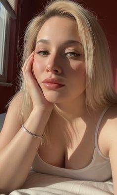 Blonde woman in a white tank top with soft lighting on her face