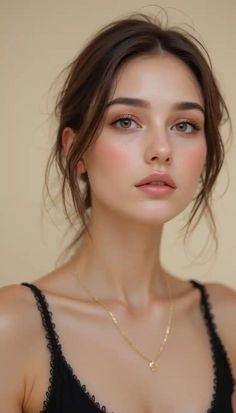 Woman with brown hair and green eyes wearing a black top and gold necklace