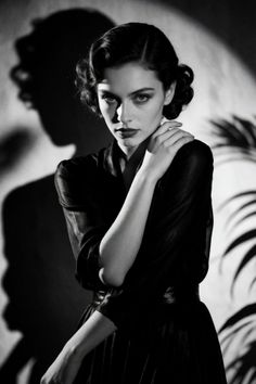 Woman with dark curly hair in a black dress with dramatic lighting and shadows