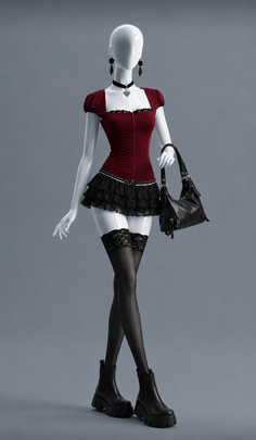 Mannequin wearing a red corset, black ruffled skirt, and thigh-high stockings