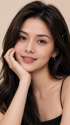 Woman with long dark hair and a black camisole, smiling and resting her chin on her hand