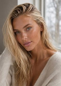 Woman with blonde hair and freckles wearing a knitted sweater