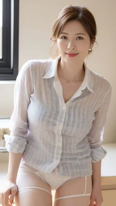 Woman in a sheer white shirt and underwear with pearl earrings