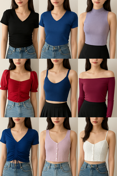 Multiple women modeling various crop tops and jeans
