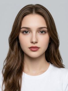 Young woman with long brown hair wearing a white t-shirt in a studio portrait