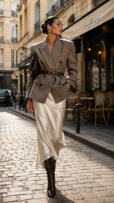 Woman in a blazer and silk skirt walking on a cobblestone street