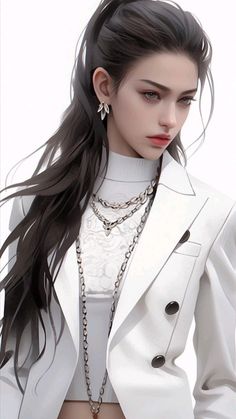 Illustration of a woman with long dark hair wearing a white blazer and necklaces