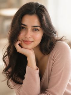 Woman with long dark hair wearing a pink top, resting her chin on her hand