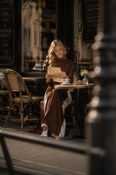 Woman with blonde hair in a brown dress reading a letter at an outdoor cafe