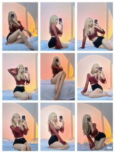 Multiple shots of a woman with blonde hair in a sheer top and black shorts posing indoors
