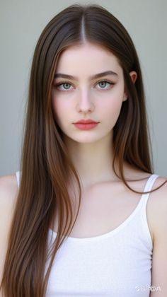 Woman with long brown hair and green eyes wearing a white tank top