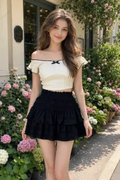 Woman in an off-shoulder top and mini skirt in a flower garden