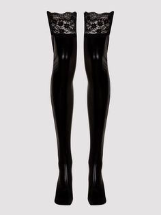 Pair of black thigh high stockings with lace trim on a white background