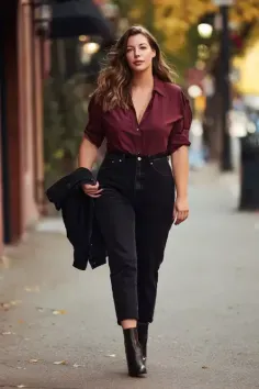 Woman in a maroon shirt and black jeans walking on a street