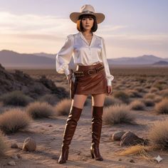 Woman in a cowboy hat and leather skirt in a desert landscape at golden hour