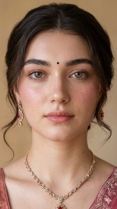 Woman with green eyes and dark hair wearing traditional jewelry and a bindi