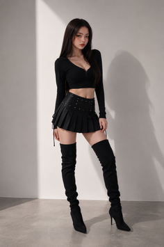 Woman in a black crop top, pleated skirt, and thigh high boots posing indoors
