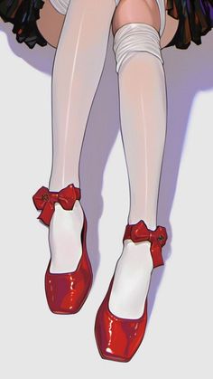Illustration of legs in white stockings and red shoes with bows