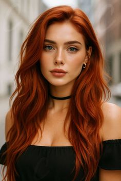 Woman with long red hair and green eyes wearing a black off-shoulder top