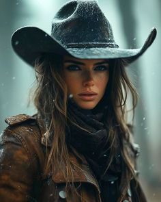 Woman in a cowboy hat and leather jacket in a snowy outdoor setting