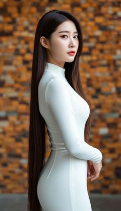 Woman with long dark hair in a white dress against a textured wall