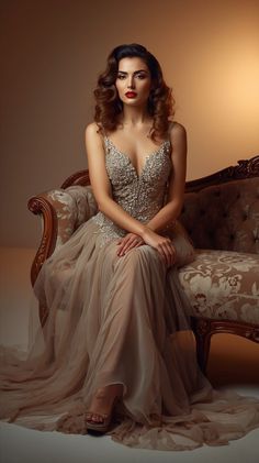 Woman in an elegant evening gown with curly hair and red lipstick sitting on a sofa