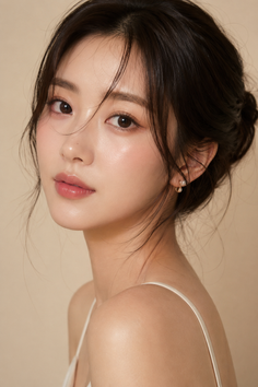 Woman with dark hair in an updo wearing pearl earrings, looking at the camera