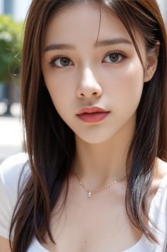Woman with long brown hair and a necklace in an outdoor portrait