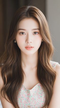 Woman with long wavy hair wearing a floral dress and earrings